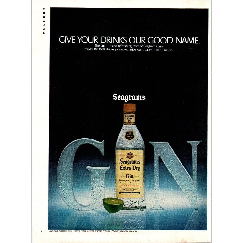1981 Seagram's Gin Vintage Print Ad Ice Sculpture Lime 80s Bar Room Wall Art
